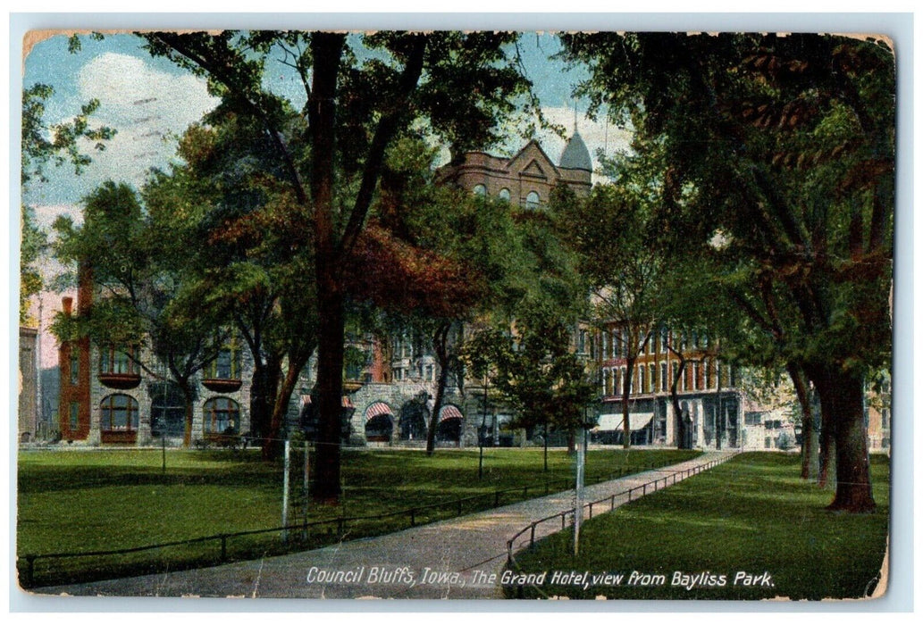 1911 Grand Hotel View Bayliss Park Council Bluffs Iowa Antique Vintage Postcard