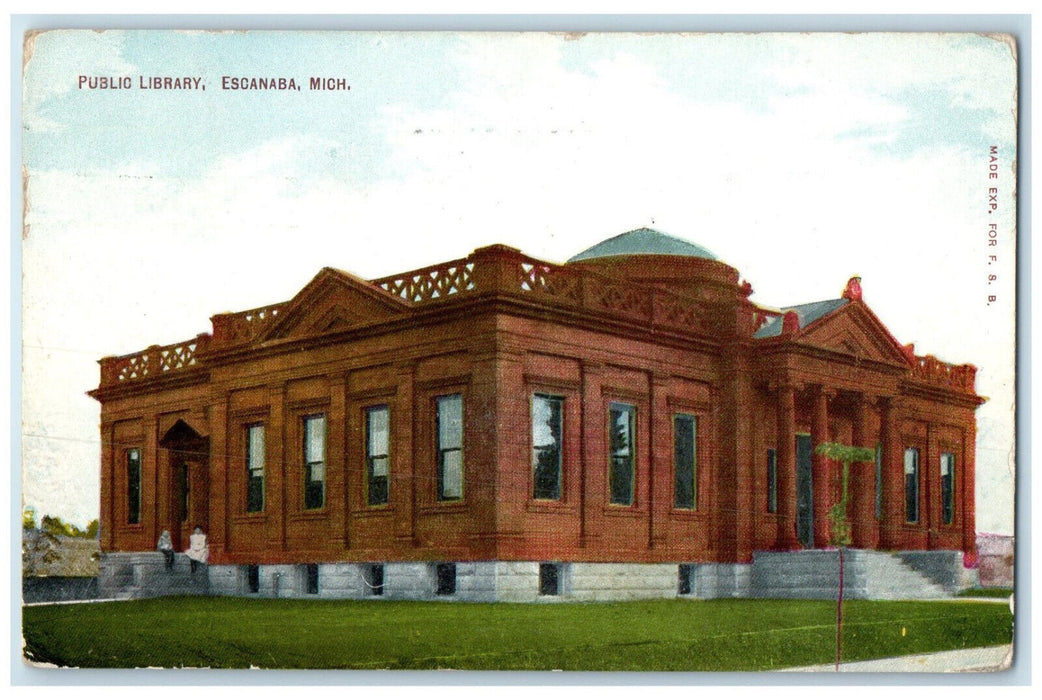 1913 View of Public Library Escanaba Michigan MI Antique Posted Postcard