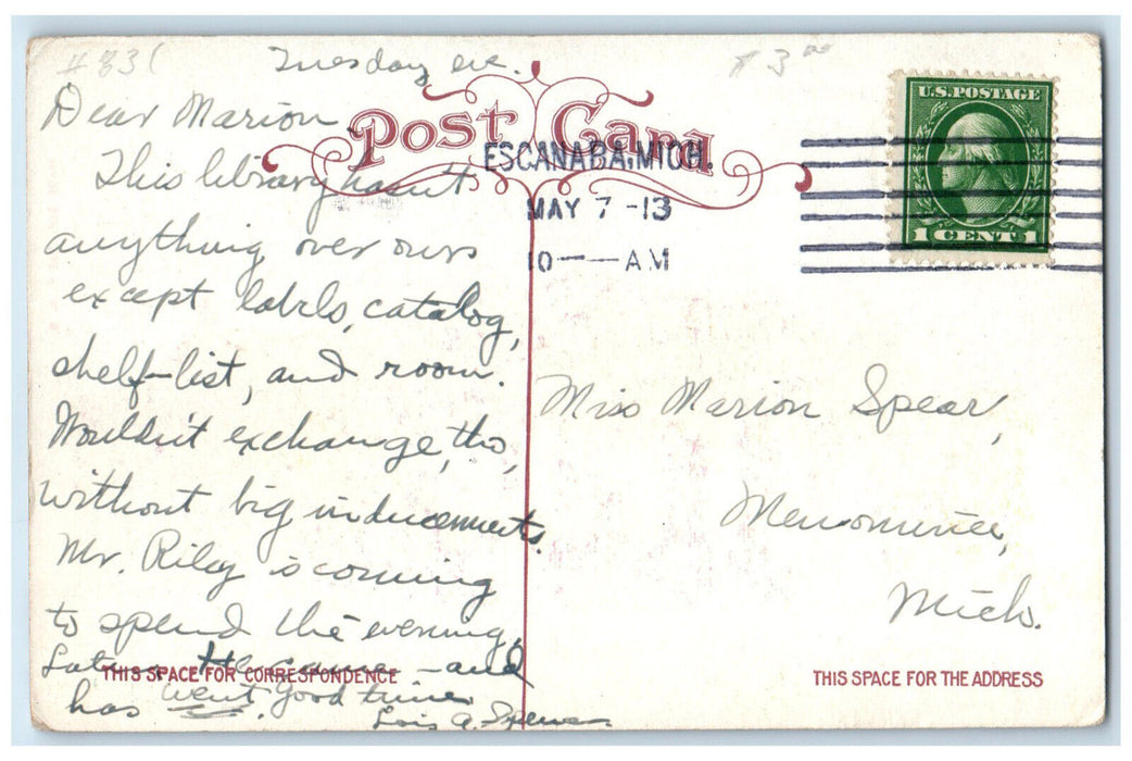1913 View of Public Library Escanaba Michigan MI Antique Posted Postcard