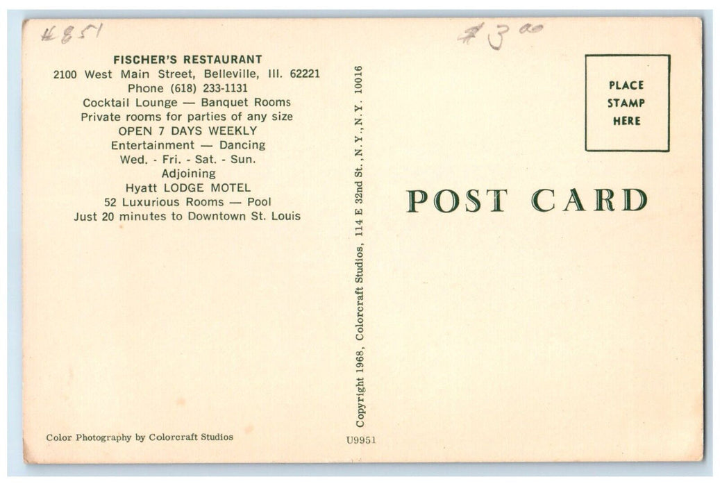 c1960 Fischer's Restaurant West Main Street Belleville Illinois Vintage Postcard