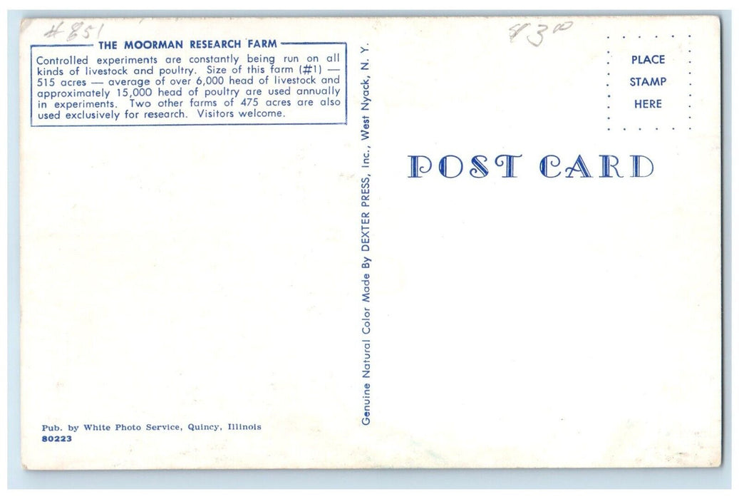 c1960 Moorman Research Farm Livestock Poultry Farm Quincy Illinois IL Postcard