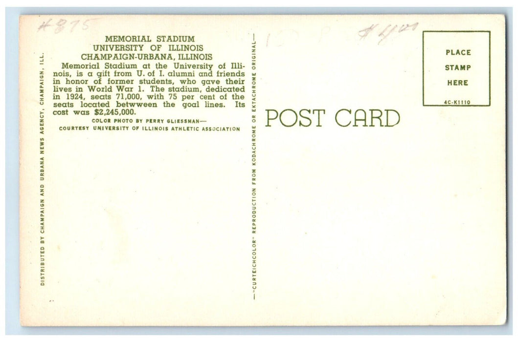 c1960 Memorial Stadium University Illinois Champaign Urbana Illinois IL Postcard