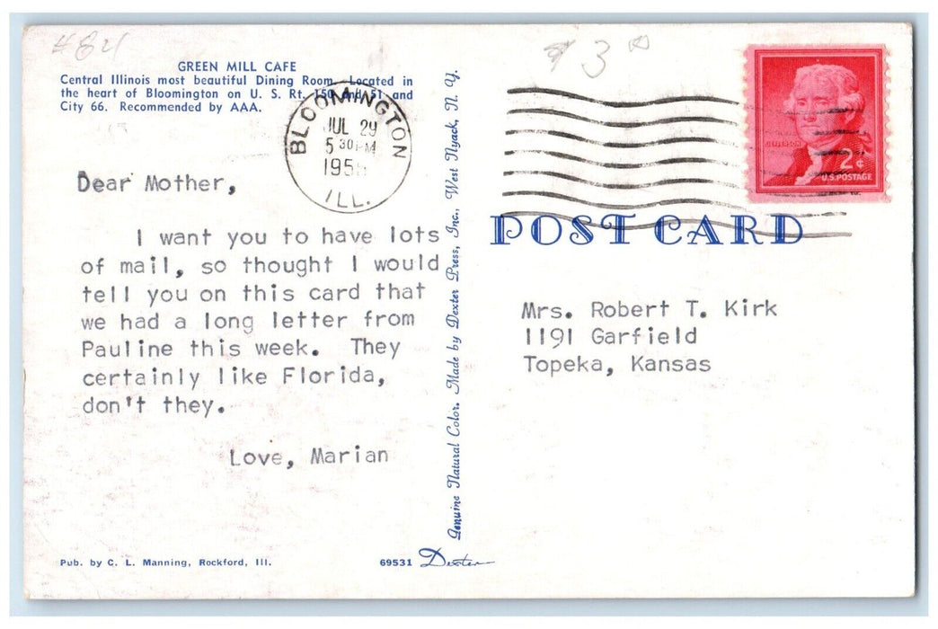 1955 Green Mill Cafe Restaurant Central Illinois Bloomington Illinois Postcard
