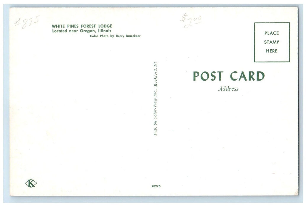 c1960 White Pines Forest Lodge Exterior Building Field Oregon Illinois Postcard