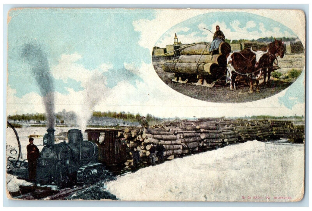 1909 Railroad Train Logs Horses Buffalo North Dakota ND, Dual View Postcard