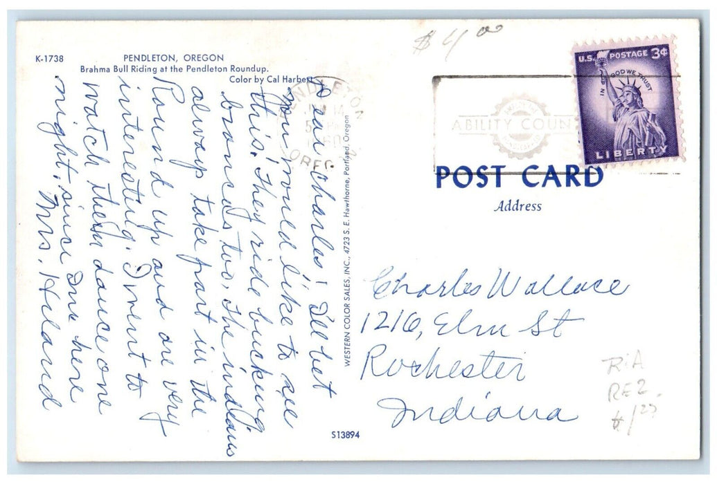 1960 Braham Bull Riding At The Pendleton Roundup Pendleton Oregon OR Postcard