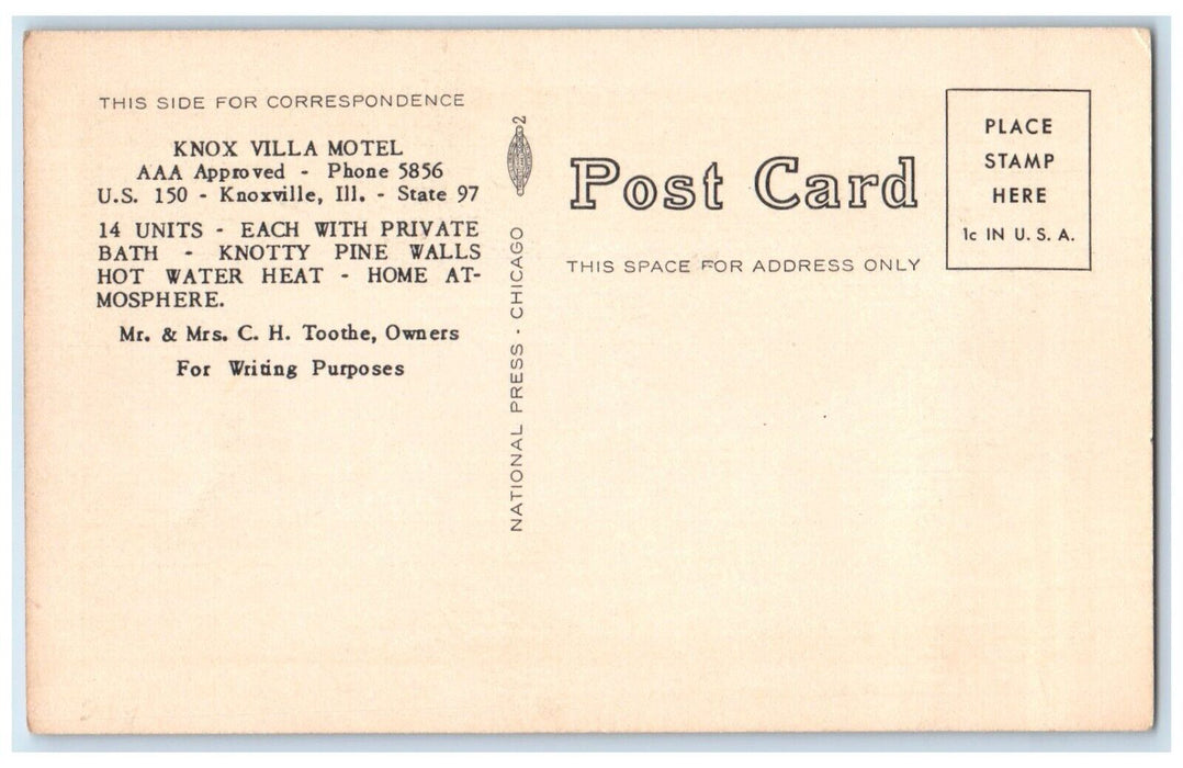 c1940 Knox Villa Motel Route 150 Exterior Building Knoxville Illinois Postcard