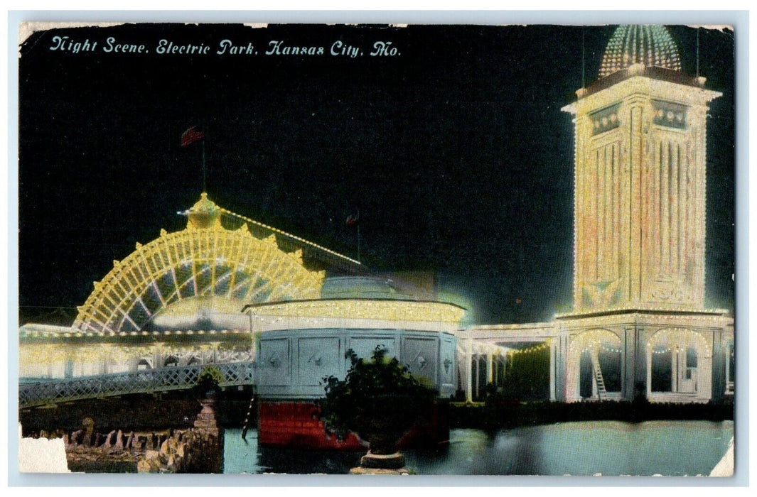 1910 Night Scene Electric Park Kansas City Missouri MO Vintage Antique Postcard