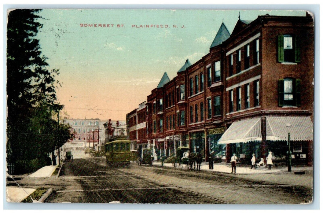 1913 Somerset Street Trolley Cars Stores Plainfield New Jersey NJ Postcard
