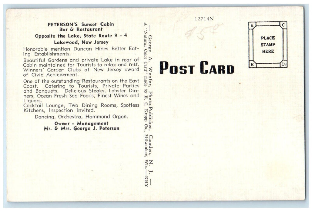 Peterson's Sunset Cabin Bar Restaurant Lakewood New Jersey NJ Vintage Postcard