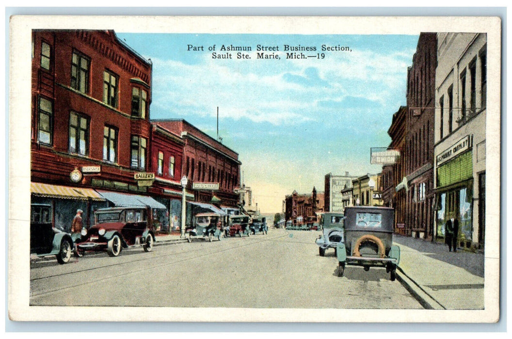c1950's Part of Ashmun Street Business Section Sault Ste Marie MI Postcard