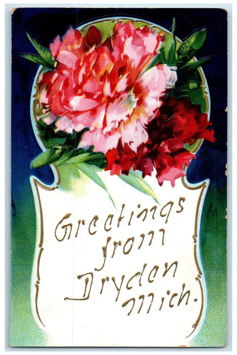 c1910 Greetings from Dryden Michigan MI Antique Unposted Floral Postcard