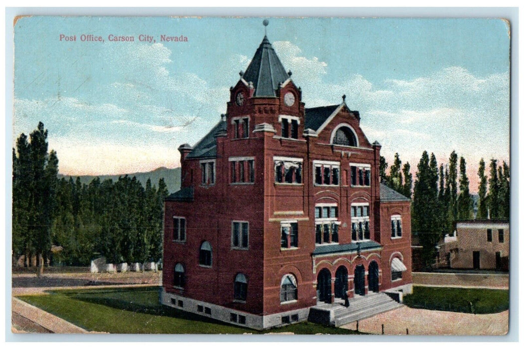 1913 Post Office Building Tower Clock Carson City Nevada NV Antique Postcard