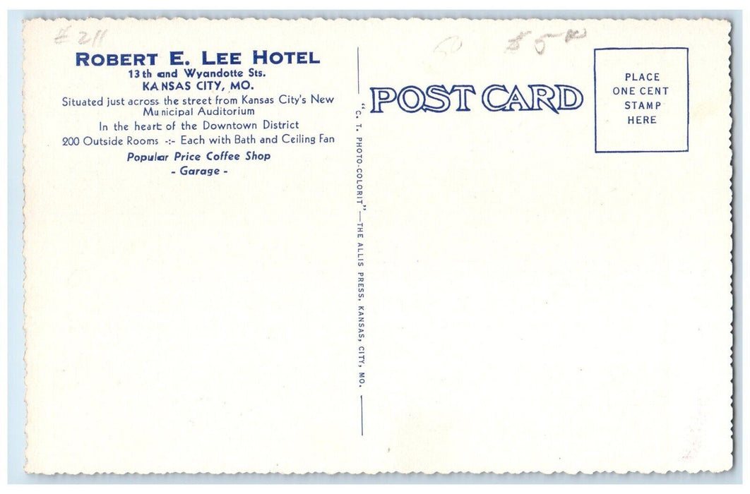 c1940 Exterior Hotel Robert Lee Building Kansas City Missouri Unposted Postcard