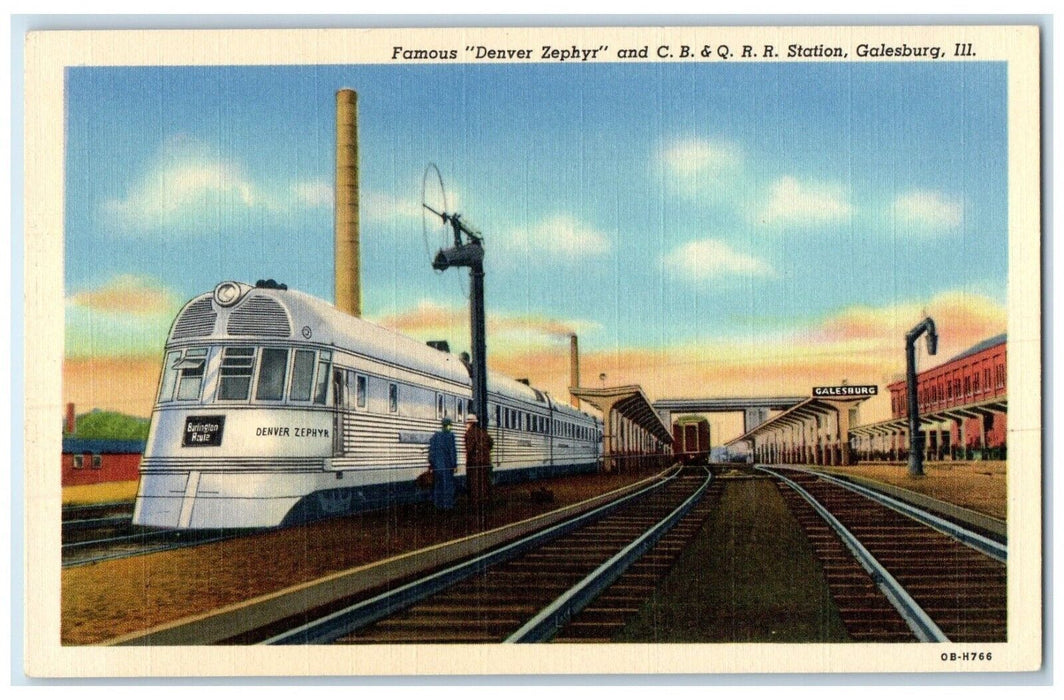 c1940 Famous Denver Zephyr CBQRR Station Train Rail Galesburg Illinois Postcard