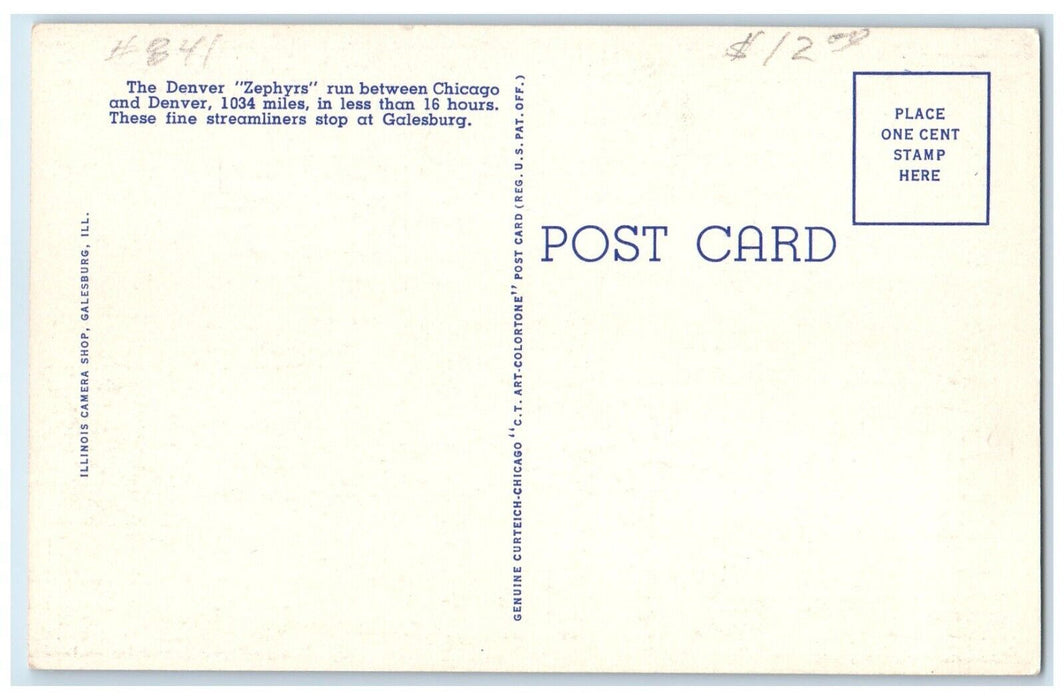 c1940 Famous Denver Zephyr CBQRR Station Train Rail Galesburg Illinois Postcard