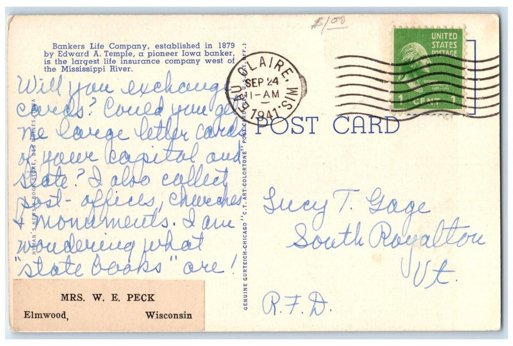 1941 Bankers Life Company Home Office Building Exterior Des Moines Iowa Postcard