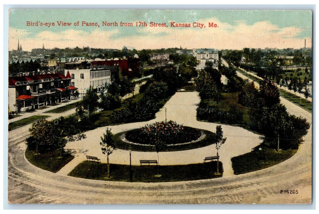 c1910 Bird's Eye View Paseo North 17th Street Kansas City Missouri MO Postcard