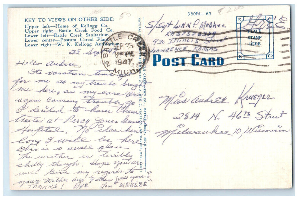 1947 Greetings from Battle Creek Michigan MI Vintage Multiview Postcard