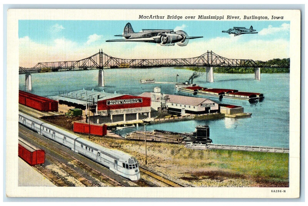 c1940 MacArthur Bridge Mississippi River Train Plane Burlington Iowa IA Postcard