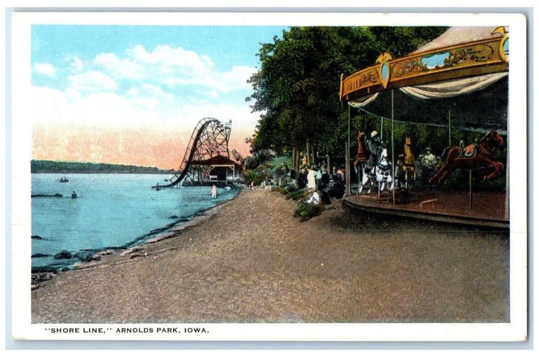 c1920 Shore Line Carousel Rides Slides Amusement Park Arnolds Park Iowa Postcard