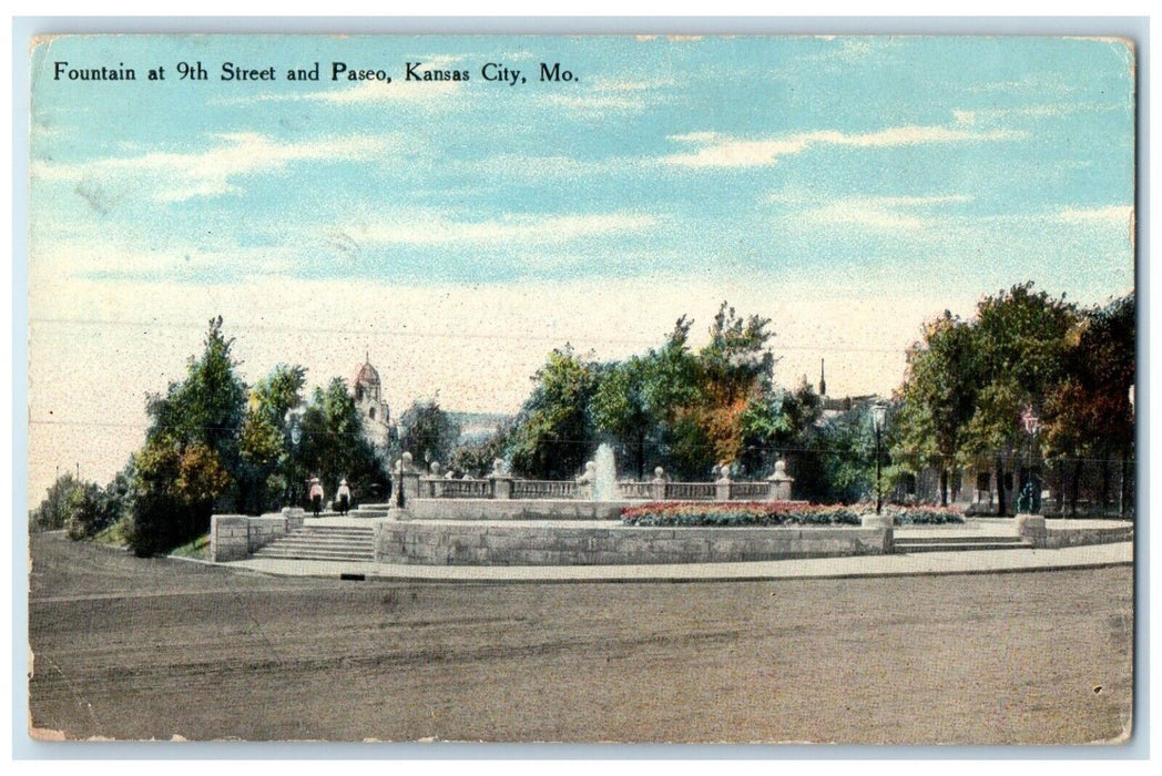 1910 Scenic View Fountain 9th street Paseo Kansas City Missouri Vintage Postcard