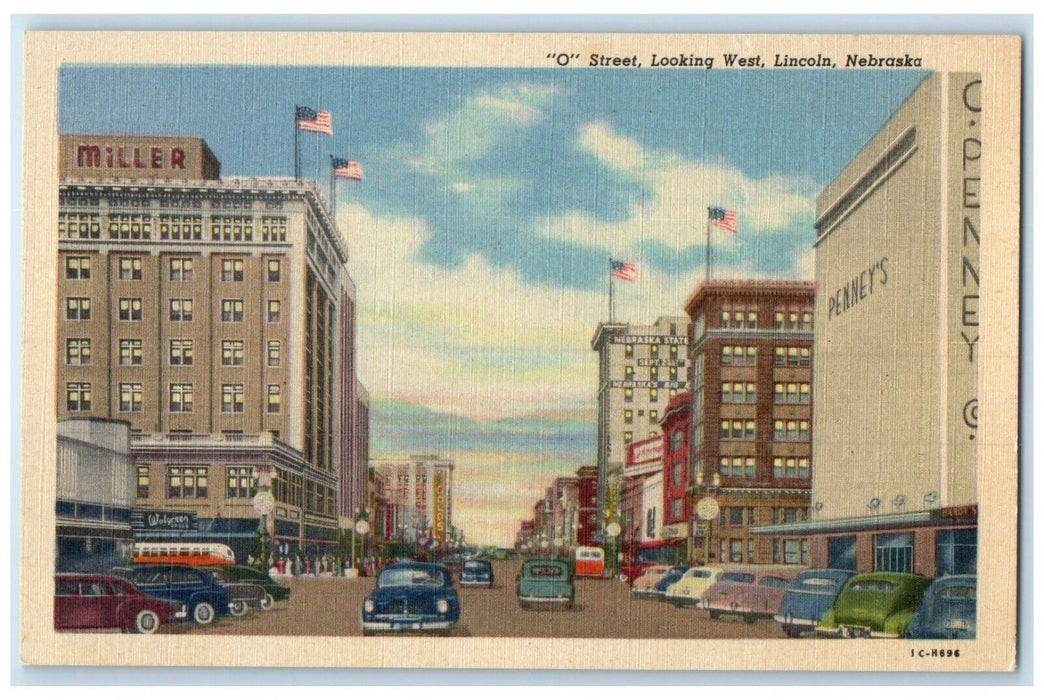 c1930's O Street Looking West Cars Miller Buildings Lincoln Nebraska NE Postcard