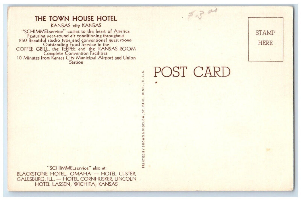 1940 Town House Hotel Building Kansas City Missouri MO Antique Unposted Postcard