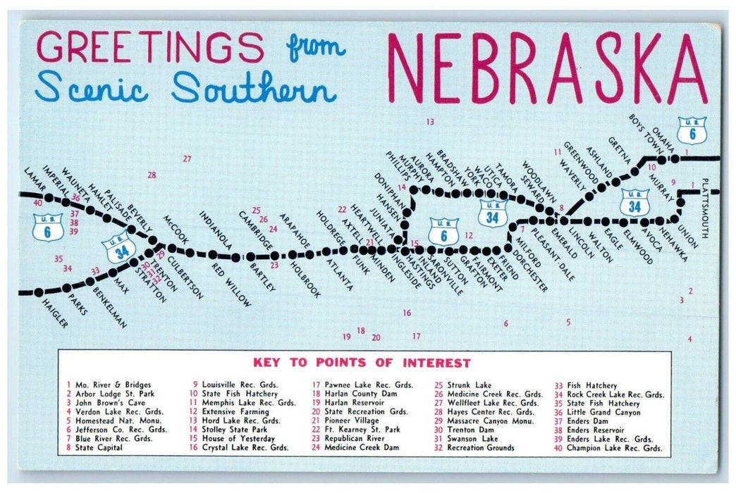 c1960's Greetings From Nebraska, Scenic Southern Map Unposted Vintage Postcard