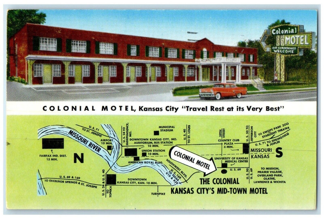 1959 Colonial Motel KC Midtown Motel Building Map Kansas City Missouri Postcard