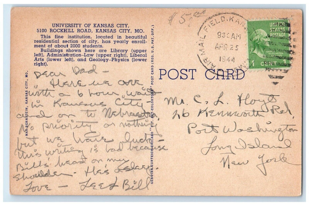 1944 University Kansas City Multi-View Rockhill Road Missouri MO Posted Postcard