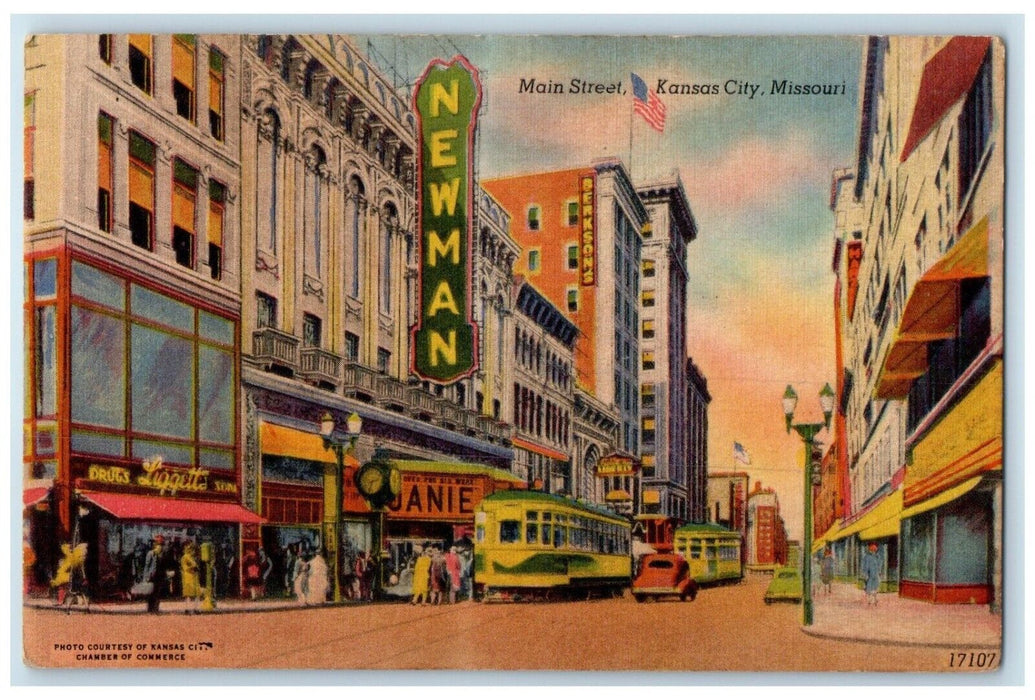 1940 Main Street Trolley Road Buildings Kansas City Missouri MO Antique Postcard