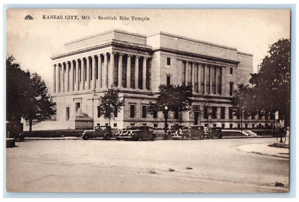 1940 Scottish Rite Temple Building Classic Cars Kansas City Missouri MO Postcard