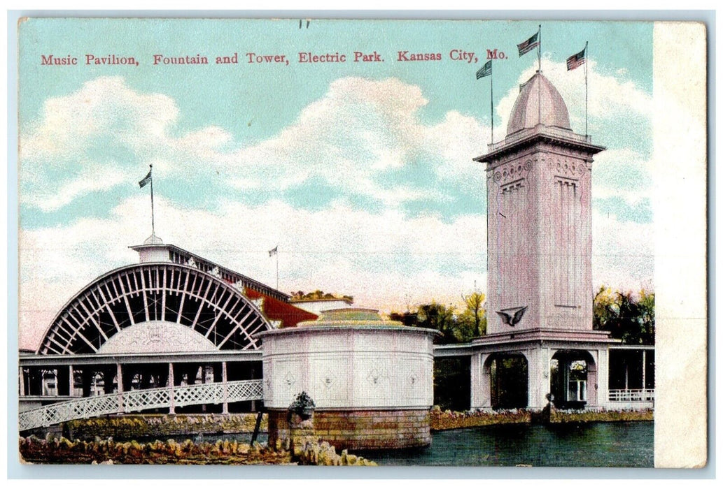 1911 Music Pavilion Fountain Tower Electric Park Kansas City Missouri Postcard