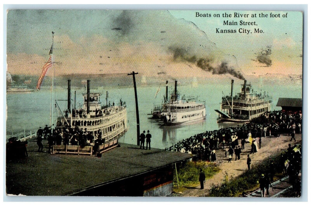 1913 Aerial View Boats River Foot Main Street Kansas City Missouri MO Postcard