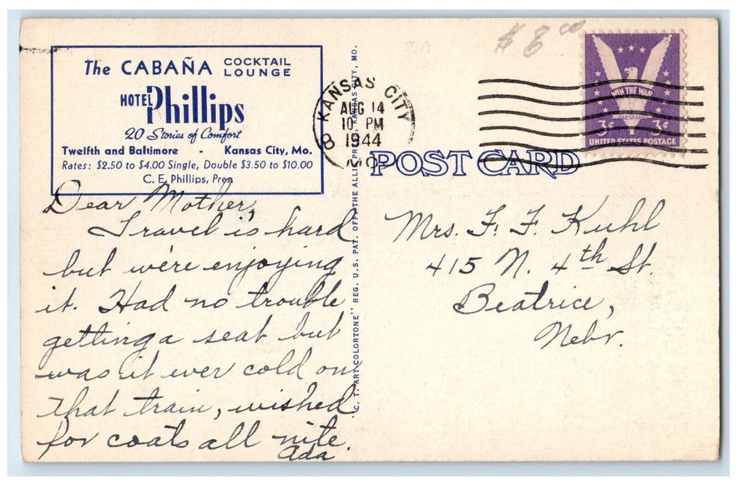 1944 Cabana Cocktail Lounge Hotel Phillips Kansas City Missouri Vintage Postcard