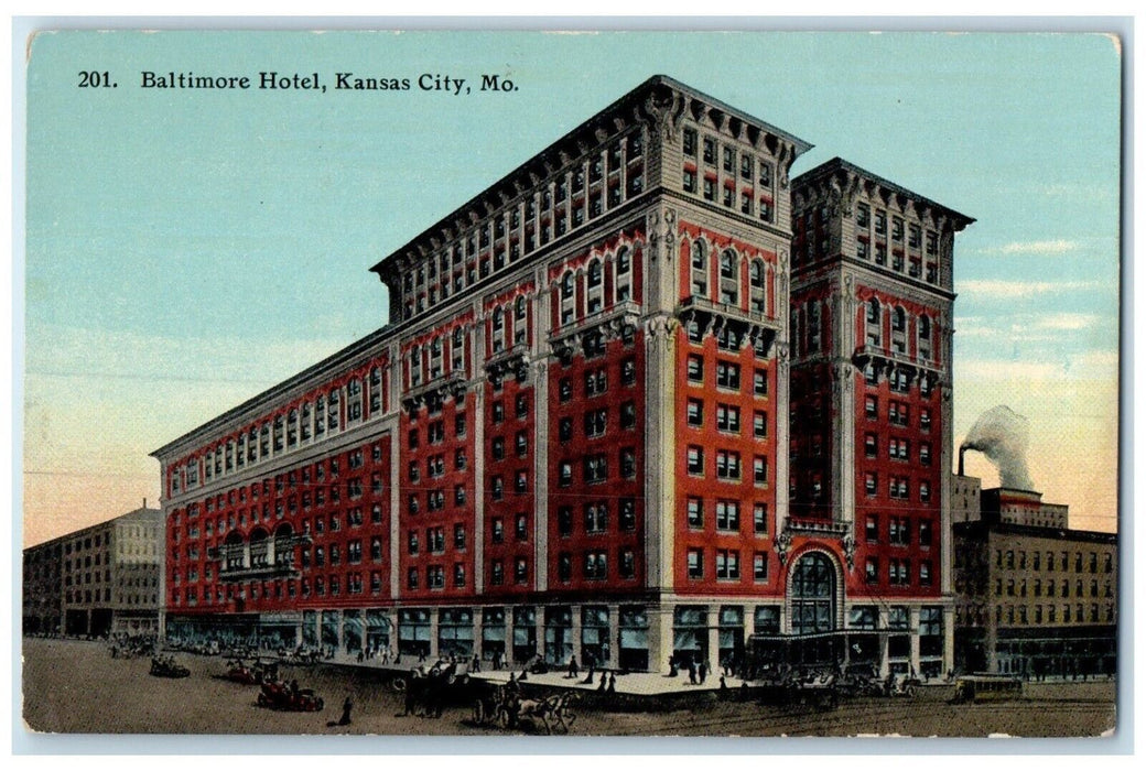 c1910 Baltimore Hotel Building Horse Carriage Kansas City Missouri MO Postcard