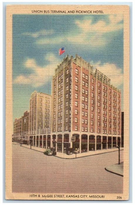 1944 Union Bus Terminal Pickwick Hotel Kansas City Missouri MO Antique Postcard