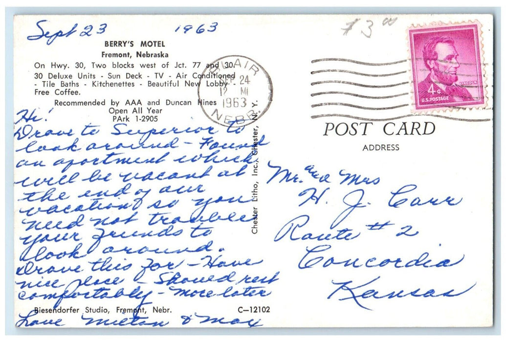 1963 Berry's Motel Roadside Fremont Blair Nebraska NE Posted Vintage Postcard