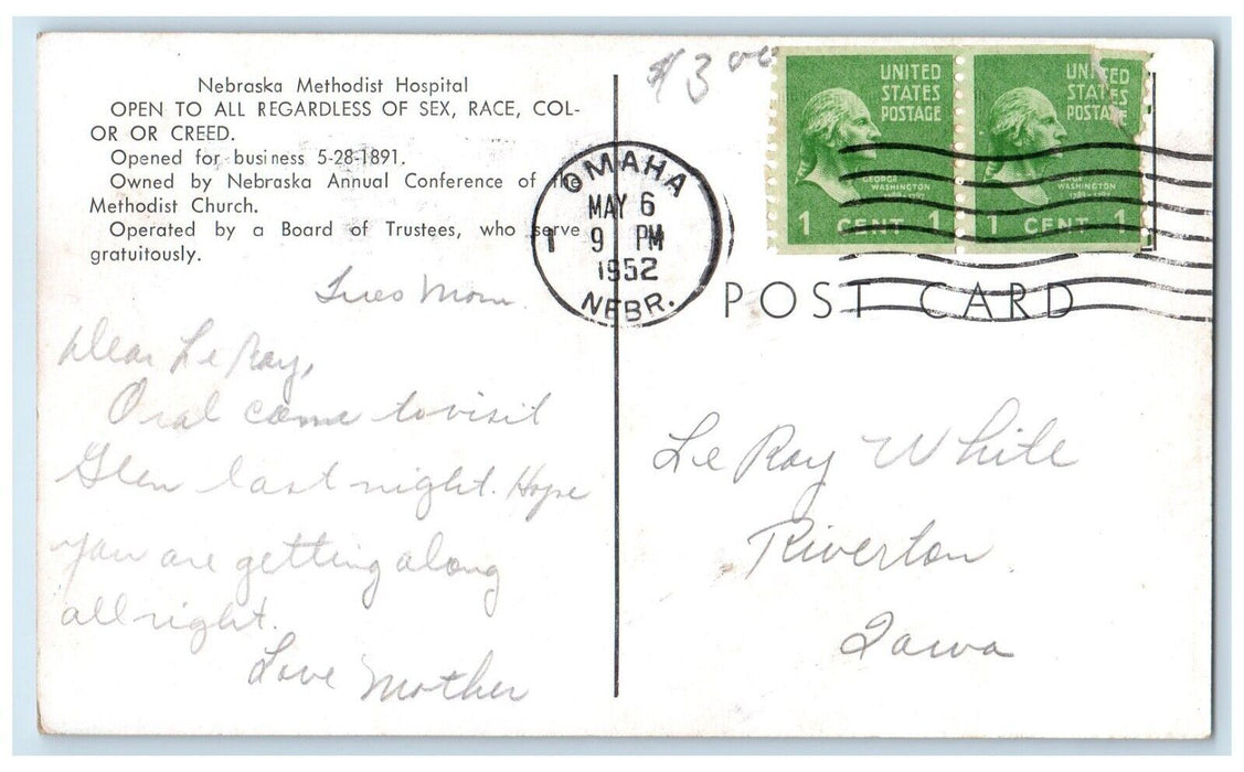 1952 Nebraska Methodist Hospital Building Omaha Nebraska NE Vintage Postcard