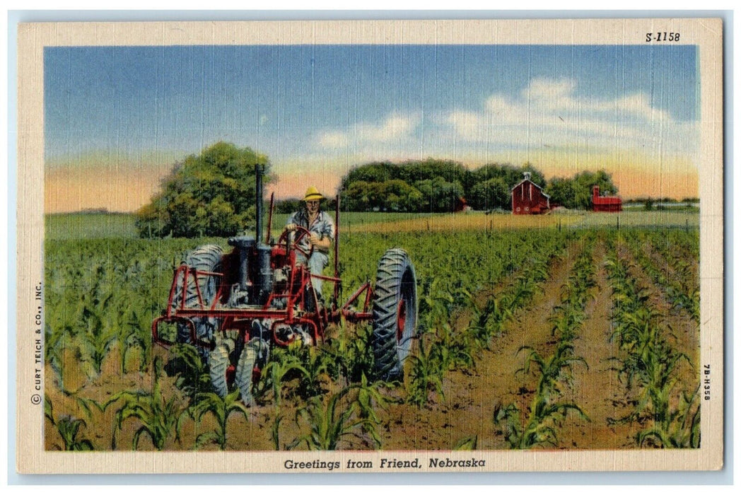 c1930's Greetings From Friend Nebraska NE, Farmer Farm Field Vintage Postcard