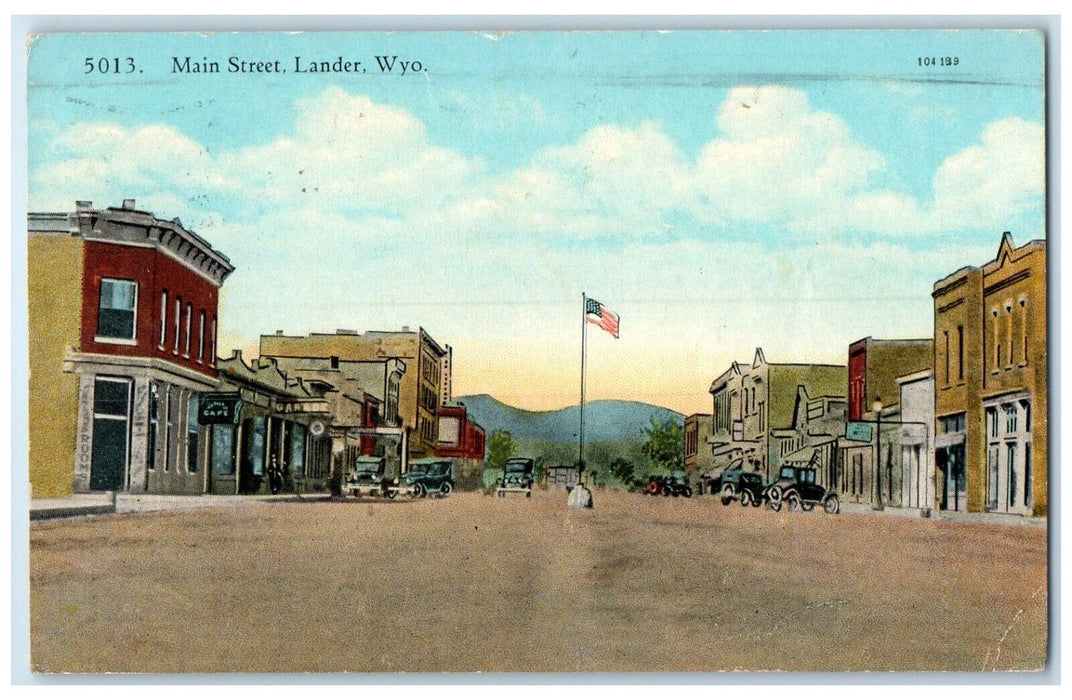 1930 View Of Main Street Garage Cars Cafe Lander Wyoming WY Vintage Postcard