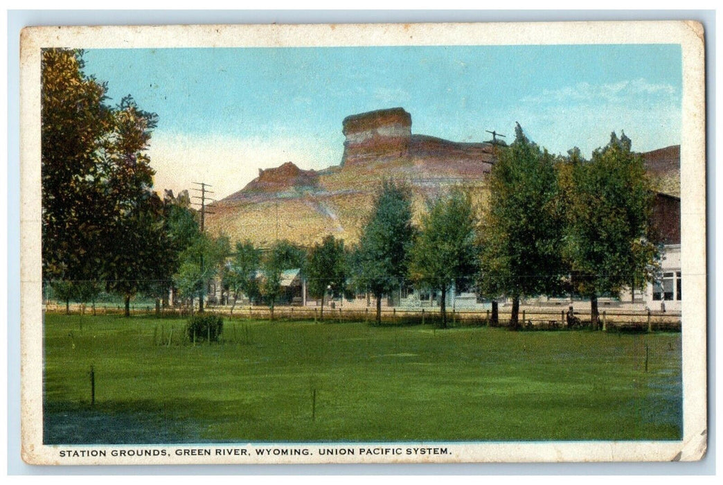 1925 Station Grounds Green River Wyoming WY, Union Pacific System RPO Postcard