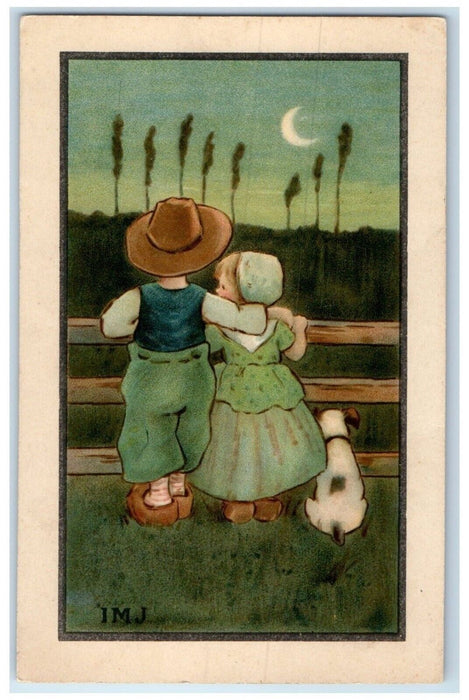c1910's Dutch Kids And Dog Fence Watching Cresent Moon Monk Antique Postcard