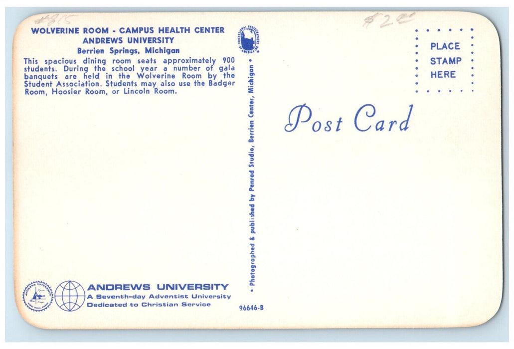 c1950's Wolverine Room Campus Health Center Andrews University MI Postcard