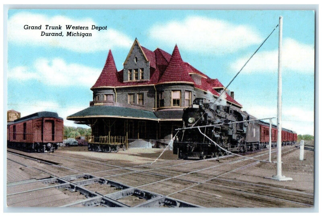 c1960 Grand Trunk Western Depot Locomotive Train Rail Durand Michigan Postcard