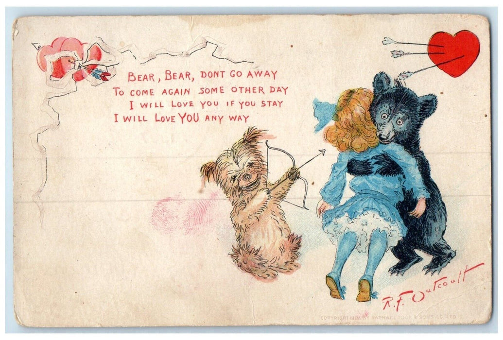 1907 Valentine Terrier Bow And Arrow Bear Girl Hugging Heart Outcault Postcard