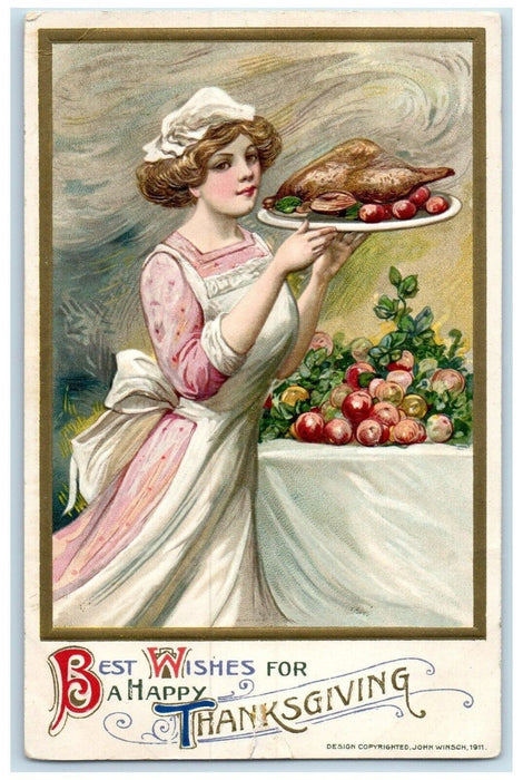1911 Thanksgiving Woman Chef Cooked Turkey John Winsch Artist Signed Postcard