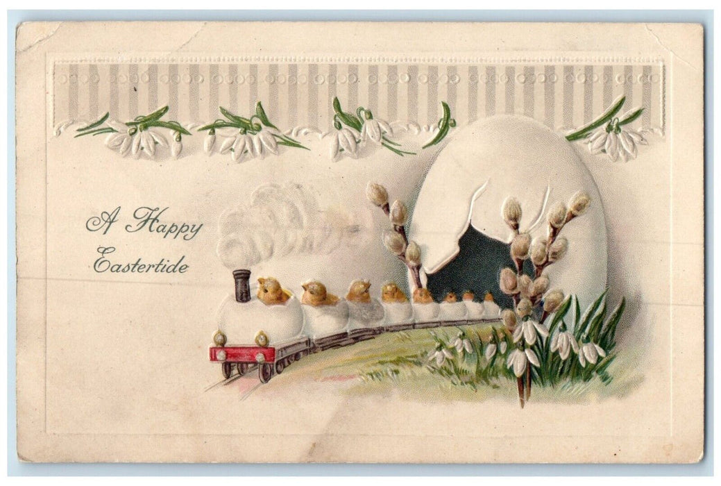 c1910's Easter Hatched Egg Chick Train Lilies Flowers Embossed Antique Postcard