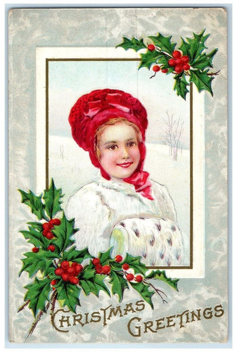 1913 Christmas Greetings Woman Handwarmer Berries Winter Albion WI Postcard